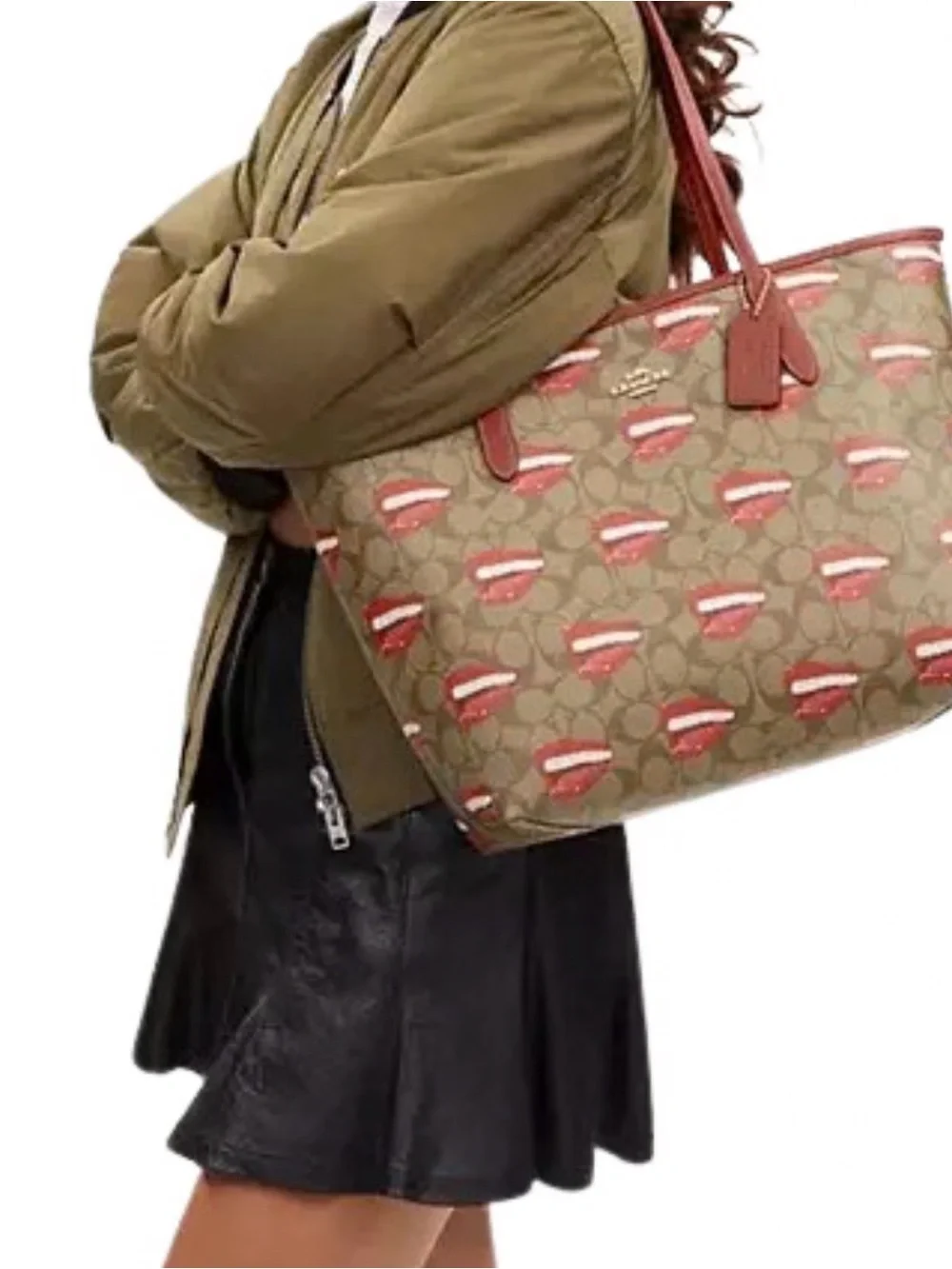 Coach x Tom Wesselman 2023 City Tote signature khaki w red smile mouth lips